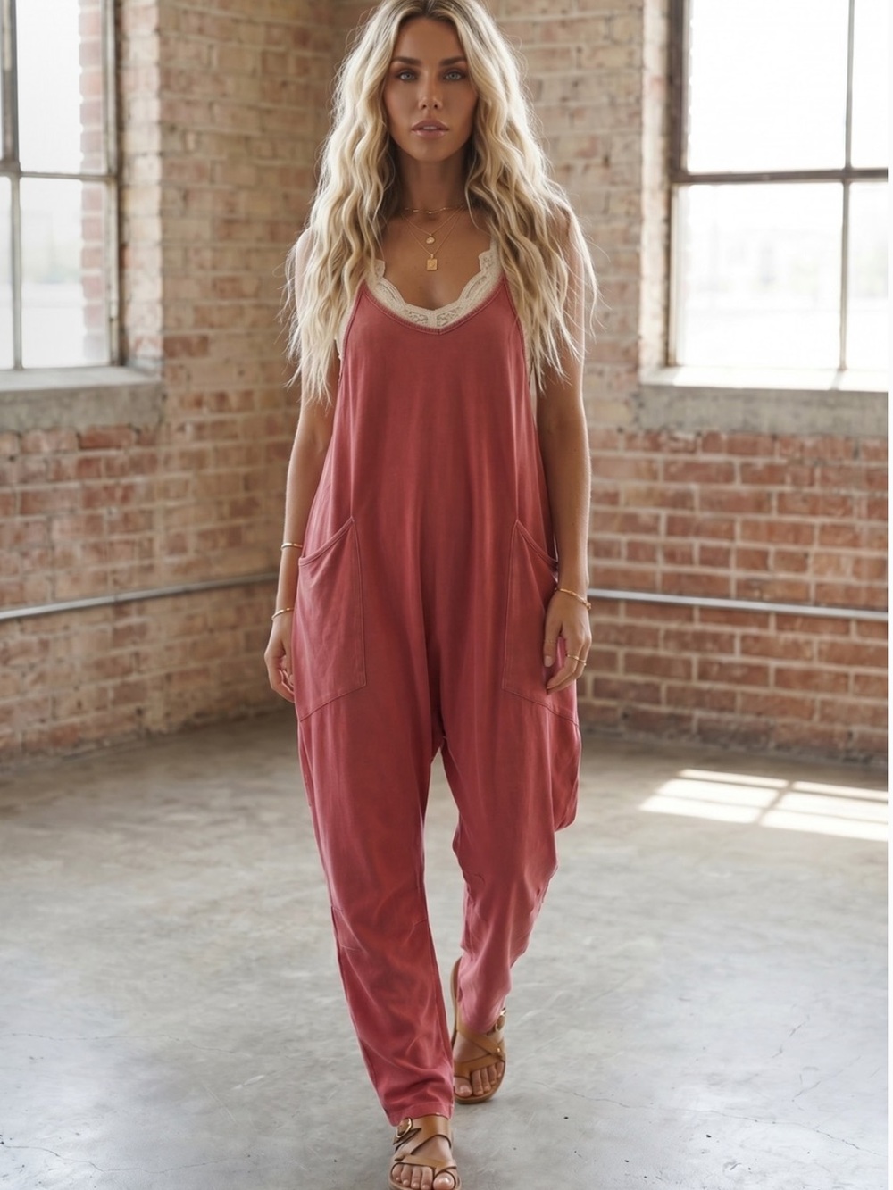 Double Zero Mineral Wash Strap Hot Shot Boho Jumpsuit Jumper Red Romper